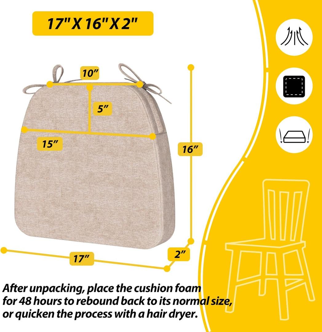 AAAAAcessories D-Shaped Chair Cushions, 2" Thick Dining Chair Pads with Ties and Removable, Machine-Washable Cover, 17" x 16", Set of 3, Beige