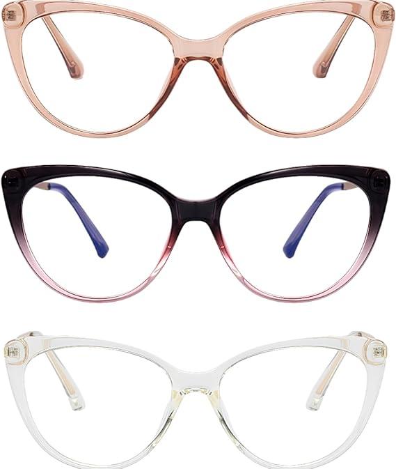 3 Pack Blue Light Blocking Glasses,Anti Eye Strain Retro Cat Eye Glasses for Women Half Metal Ladies