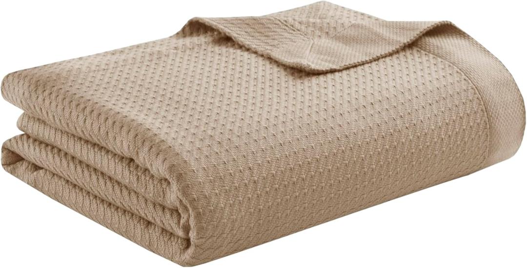 Madison Park 100% Egyptian Cotton Lightweight Summer Blanket, Breathable Waffle Knit Design, Soft Cozy All-Season Throw for Bed, Couch or Sofa, Khaki Taupe Full/Queen Size (90"x90")