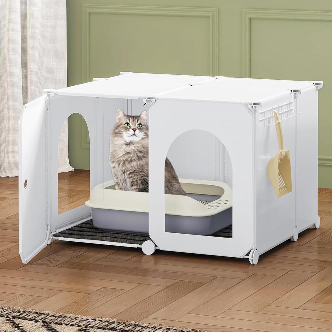 Cat Litter Box Enclosure with Hooks, Plastic Covered Little Box with Mat, Splash Proof Litter Box, 23.6 x 18.5 x 15.7 inches, White CB81899WT