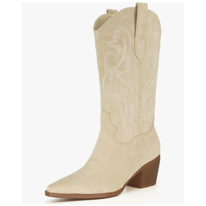 iiimmu Cowgirl Boots Women Knee High Boots Pointed Toe and Block Heel Cowboy Suede and Faux Leather Boots with Embroidered 8.5