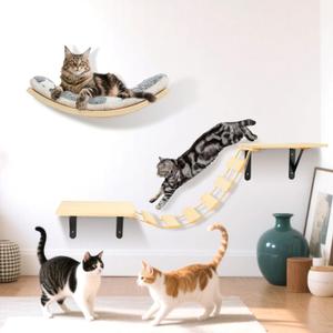 Cat Wall Shelves - Set of 4 Cat Wall Furniture, Curved Cats Shelves and Bridge Ladder & 2 Steps for for Sleeping, Playing, Climbing, and Lounging Modern Furniture for Cats