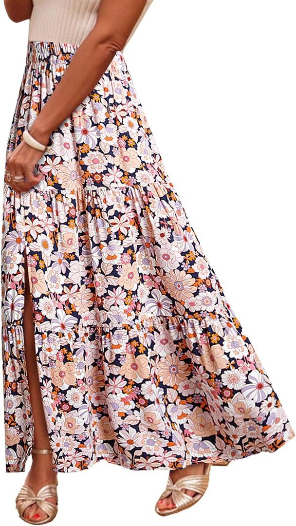 Happy Sailed Long Skirts for Women High Waisted Skirt Boho Sundresses Summer Floral Print Split A Line Maxi Skirt Black X-Large