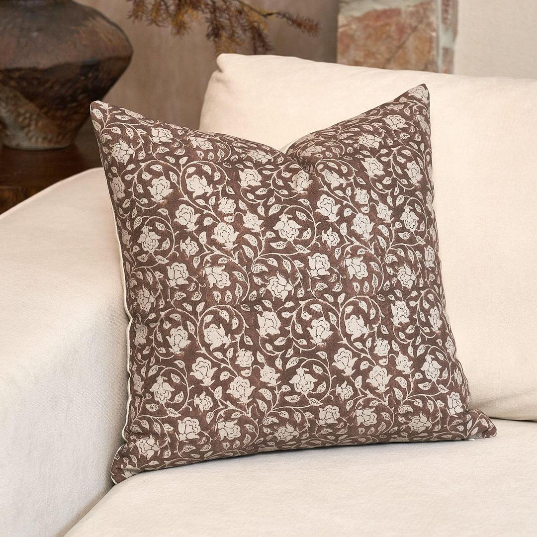 DOMVITUS Floral Pillow Covers 20x20, Throw Pillows for Couch, Block Print Pillow Cover, Decorative Neutral Accent Throw Pillow Covers for Living Room, 1PC, Brown