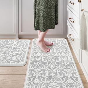 LEEVAN Cushioned Kitchen Mats for Floor Sets of 2,Vintage Distressed Grey Anti-Fatigue Kitchen Mat for Laundry,Non Slip Waterproof Standing Mat for Home,Office,Desk,Sink(17''x29''+17''x47'')