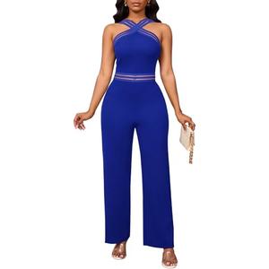 Bdwinz Sexy Halter Summer Jumpsuits for Women Elegant Backless Rompers Wide Leg One Piece Outfits for Women, Bright Blue, Large