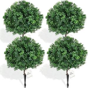 Artificial Boxwood Topiary Ball Trees, 4 Pack Artificial Shrubs Bushes with Ground Spike, Fake Plants for Outdoor Front Porch Decor UV Resistant