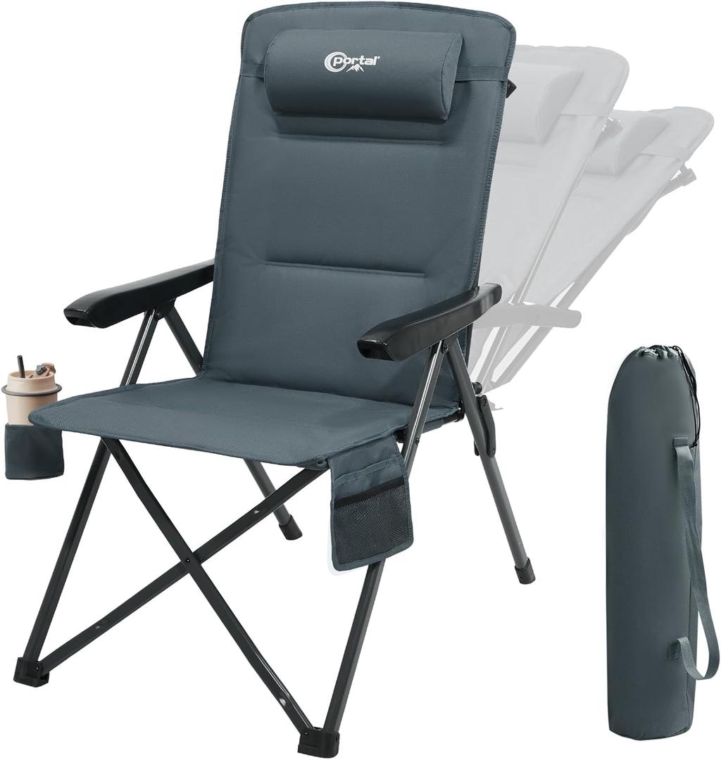 Portal Reclining Camping Chair, High Back Folding Lawn Chair with Adjustable Reclining for Adults, Oversized Chair for Garden, Porch, Outdoor Camping (Grey)