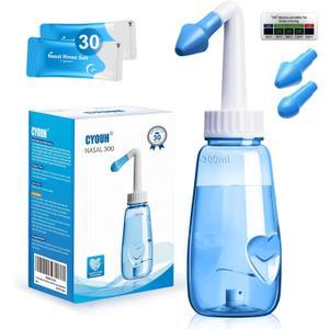 Neti Pot Sinus Rinse Bottle 300 ML with 30 Nasal Wash Salt Packets and Sticker Thermometer Nose Wash Cleaner Pressure Rinse Nasal Irrigation for Adult & Kid BPA Free (Blue)