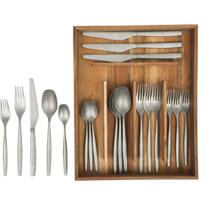 Bloomhouse 21 Piece Stone Washed Flatware 18/10 Stainless Steel Silverware Cutlery Utensil Set With Acacia Wood Caddy - Service for 4