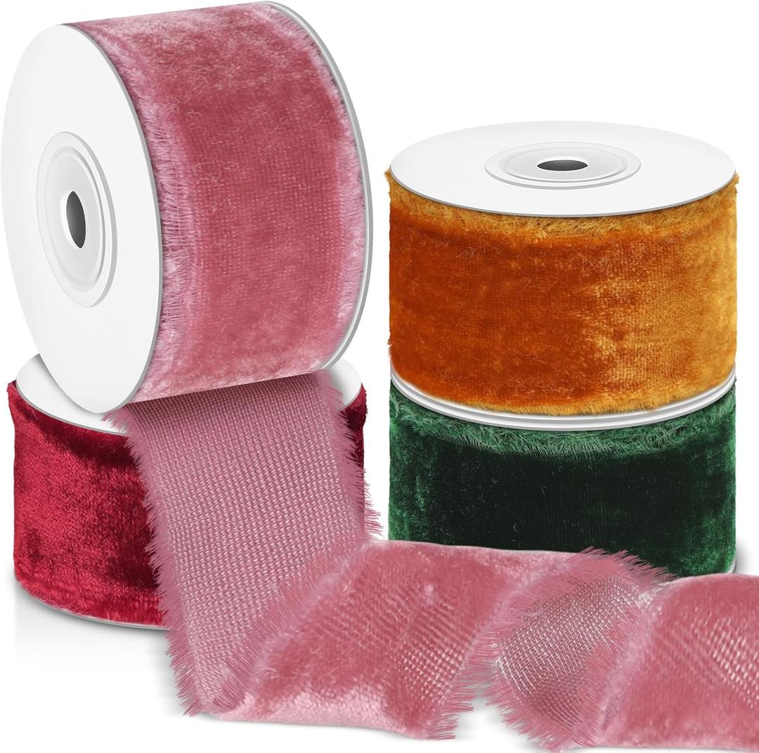 Preboun 4 Rolls Christmas Velvet Ribbon Total 24 yd Christmas Decorations Gift Wrapping Fringe Ribbon Raw Edge Frayed DIY Party Decor(1.5 Inch,Novel Color)