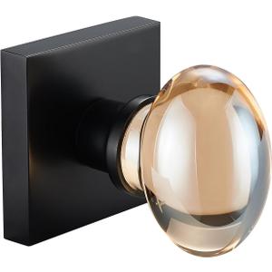 Champagne-Gold Glass Door Knobs - 2 Pack Non-Turning Single Side Dummy Crystal Door Handles, Square Rosette Matte Black Finished(Dummy)