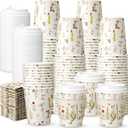AmazingSpark 100 Sets 8oz Floral Disposable Coffee Cups with Lids and Sleeves Wildflower Paper Hot Coffee Cups for Spring Party Wedding Reception Baby Shower Bride's Birthday Party (Wildflower)