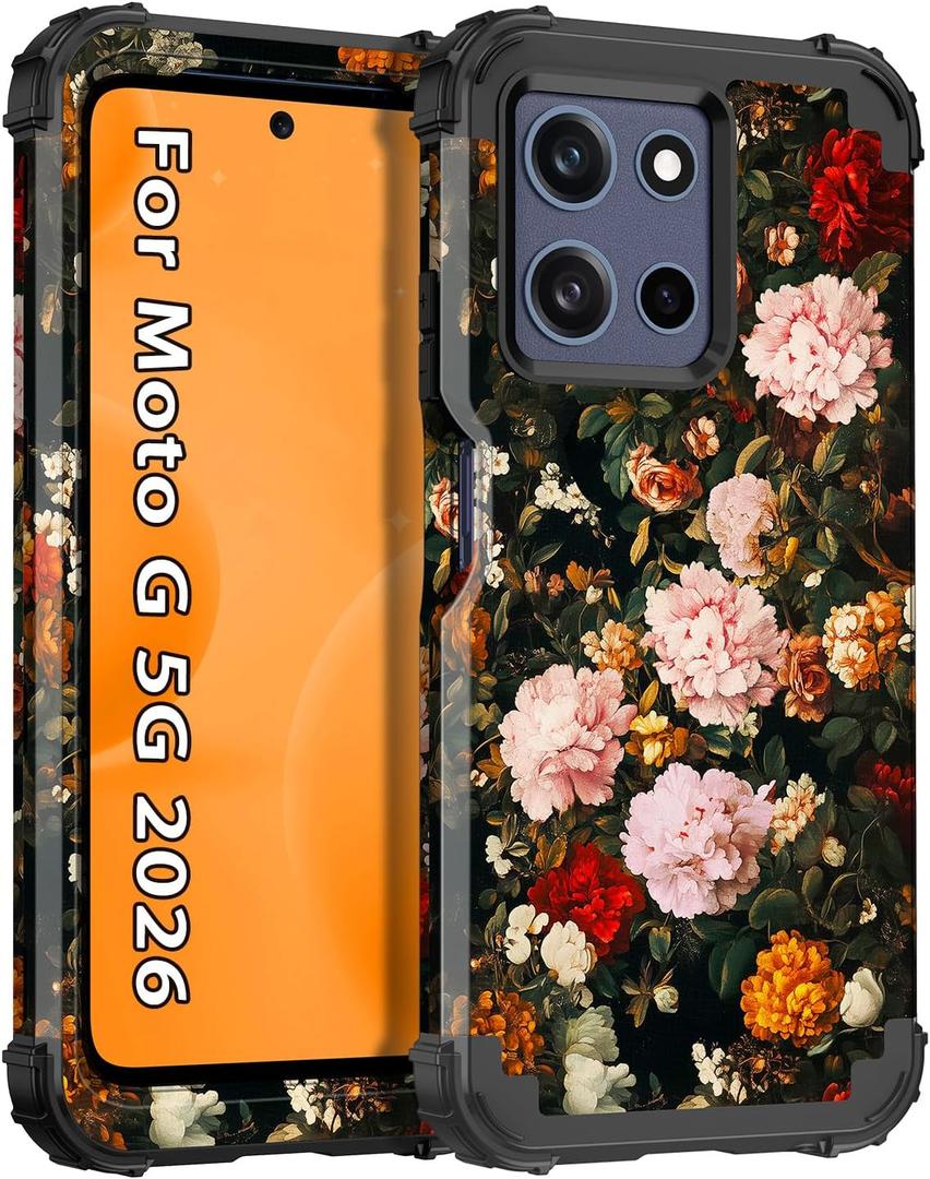 Hekodonk for Moto G 2026 Case,Moto G Play 2026 Case,Floral Three Layer Heavy Duty Shockproof Protection Hard Plastic+Soft Silicone Full Body Drop Protective Case for Moto G 2026,Black