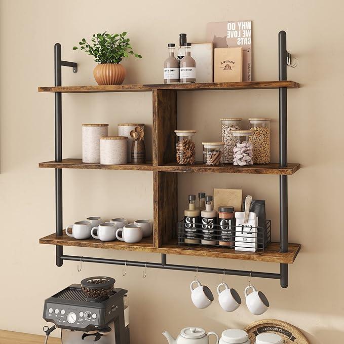 Bestier 41.5" Floating Shelves for Wall 3 Tier Kitchen Shelves Wall Mounted Coffee Bar Shelf Hanging Mug with 8 Hooks, Industrial Display Pipe Shelving for Kitchen Living Room Bathroom, Rustic Brown