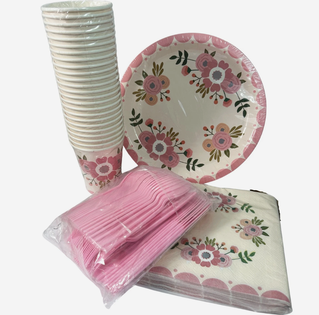 BLUE PANDA 144 Piece Vintage Floral Party Supplies, Includes Disposable Floral Paper Plates, Napkins, Cups, & Cutlery, For Baby Showers, Weddings, Garden Party & More - Serves 24
