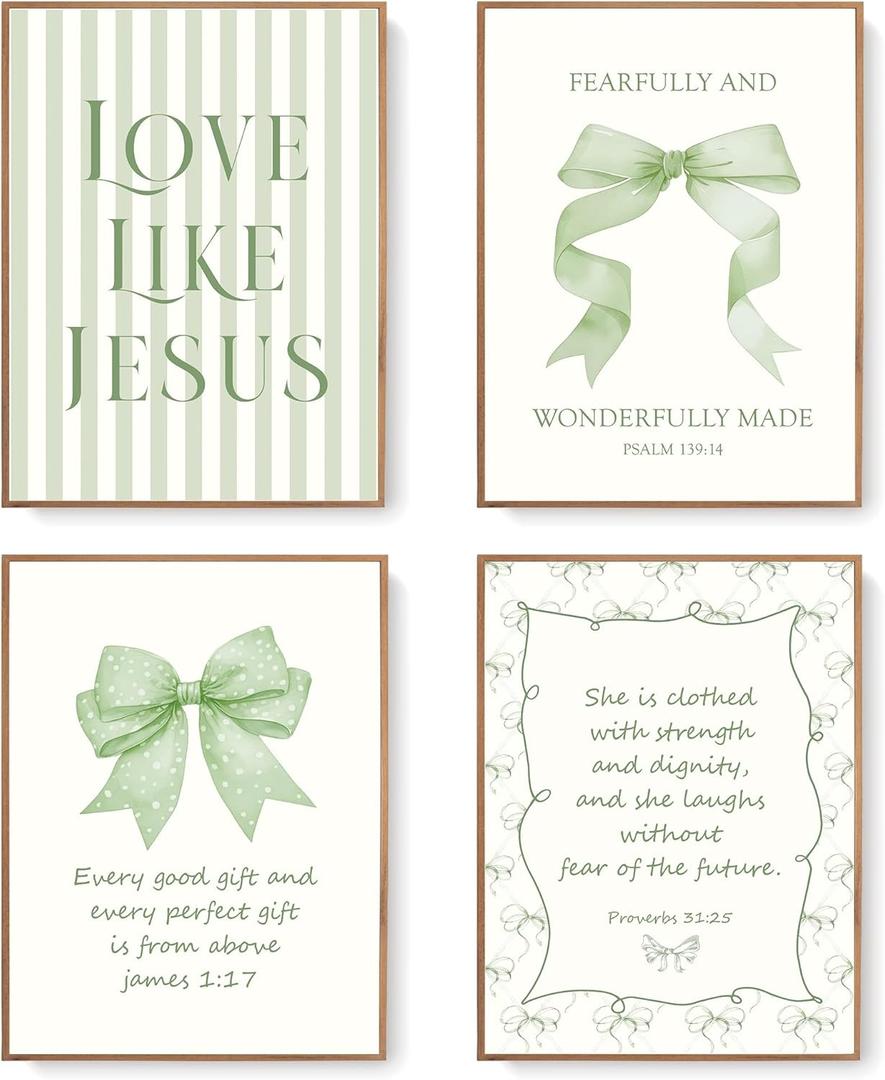 LARTSFRO Coquette Sage Green Bow Jesus Wall Art Decor Posters, Green Bow Room Bedroom Bathroom Wall Art Decor Aesthetic for Teen Girls Gifts, Inspirational Bible Verses Bow Wall Decor, 12x16 Inch Set of 4 Bow Pictures(UNFRAMED)