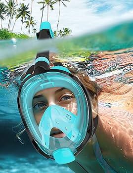 Full Face Snorkel Mask for Adults Teen, Snorkeling Gear with Detachable Camera Mount, Panoramic 180° View, Anti-Fog Anti-Leak Snorkling Set for Man and Women 1 prs