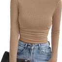 PRETTYGARDEN Womens Tops 2025 Fall Long Sleeve Fitted T Shirts Waffle Ruched Crop Shirt Basic Knit Workout Y2k Clothes (Medium, Khaki)