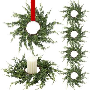 Vesici 4 Pcs 12.6'' Christmas Candle Rings Wreath Artificial Cedar Mini Kitchen Cabinet Wreath Decoration Xmas Candle Ring Table Centerpiece Decor for Christmas Wedding Home Table Decoration
