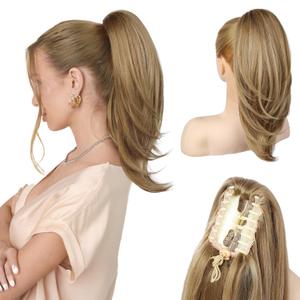 Ponytail Extension  16 Claw Clip in Ponytail Hair Extensions Natural Soft Synthetic High Pony Tail Hairpieces for Women (Honey Blonde with Highlights, 16 inch)