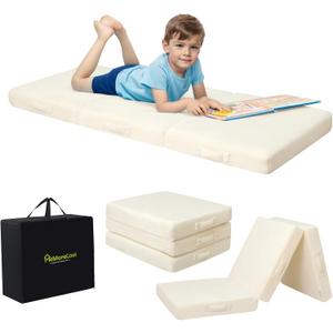 MeMoreCool Foldable Floor Mattress for Kids, Toddler Floor Nap Mat for Sleeping Daycare, Small Child Foldable Bed, Trifold Futon Portable Tri Folding Mattress, 57x22 Inch (Beige)