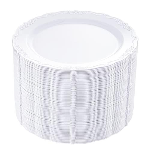 DaYammi 60PCS White Plastic Plates, Heavy Duty White Disposable Plates Premium 10inch Dinner Plates Hard Plastic Plates Disposable for Party Wedding Bridal Shower