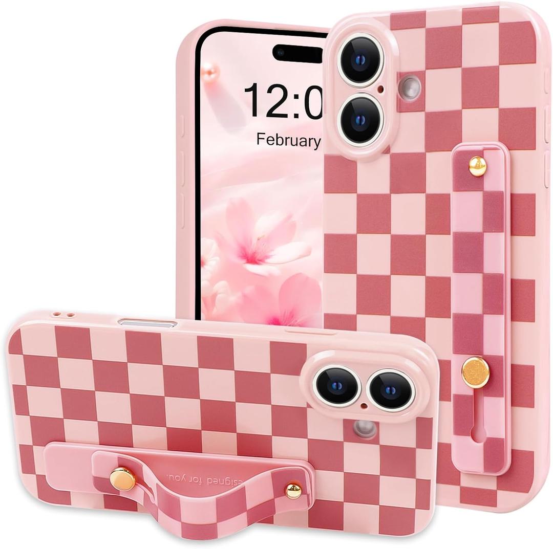 NITITOP Compatible with iPhone 16 Case with Wrist Strap Kickstand Cute Trendy Checkerboard Plaid for Women Girls Slim Fit TPU Silicone Shockproof Full Camera Protective Cover - Pink