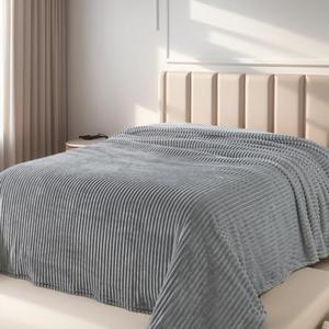 Queen Size Cuddly Fluffy Fleece Blanket, Warm and Soft with Striped Pattern, 90x90 Inches, Ash Grey