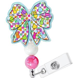Easter Bow Retractable Badge Reel Cute Bunny Designs Beaded Badge Holder with Swivel Alligator Clip Nurse Name Card Tag for RN LPN CNA MA Nurse Teacher Accessories Gifts
