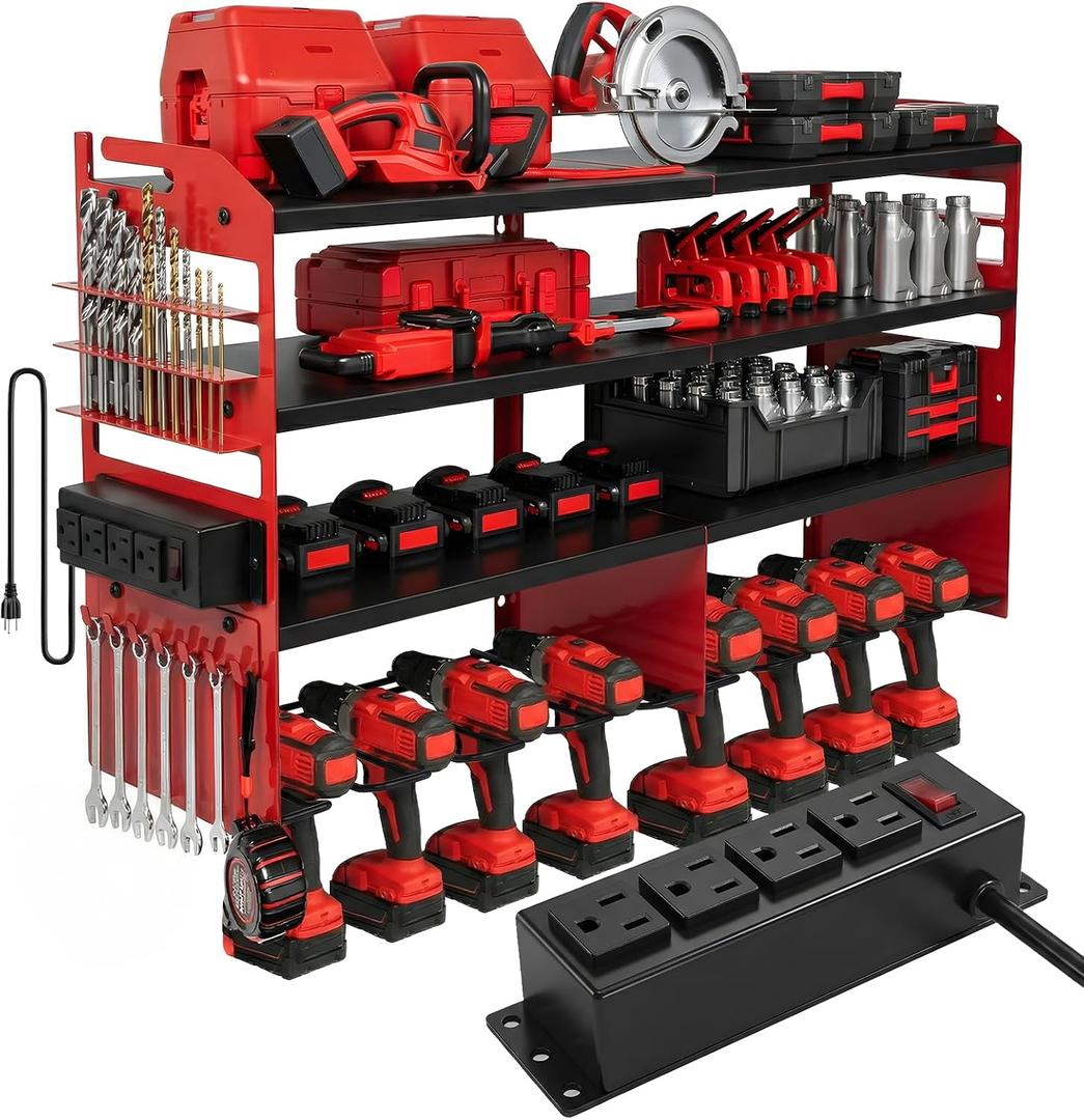 TimberAura Power Tool Organizer Wall Mount, Includes Power Strip, RED, 8.5"D x 33"W x 15.7"H