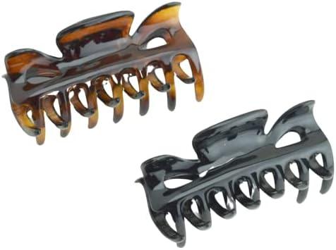 Parcelona French Classic Small 2.5" Celluloid Set of 2 Jaw Hair Claw Clips for Women and Girls (Tortoise Shell and Black)