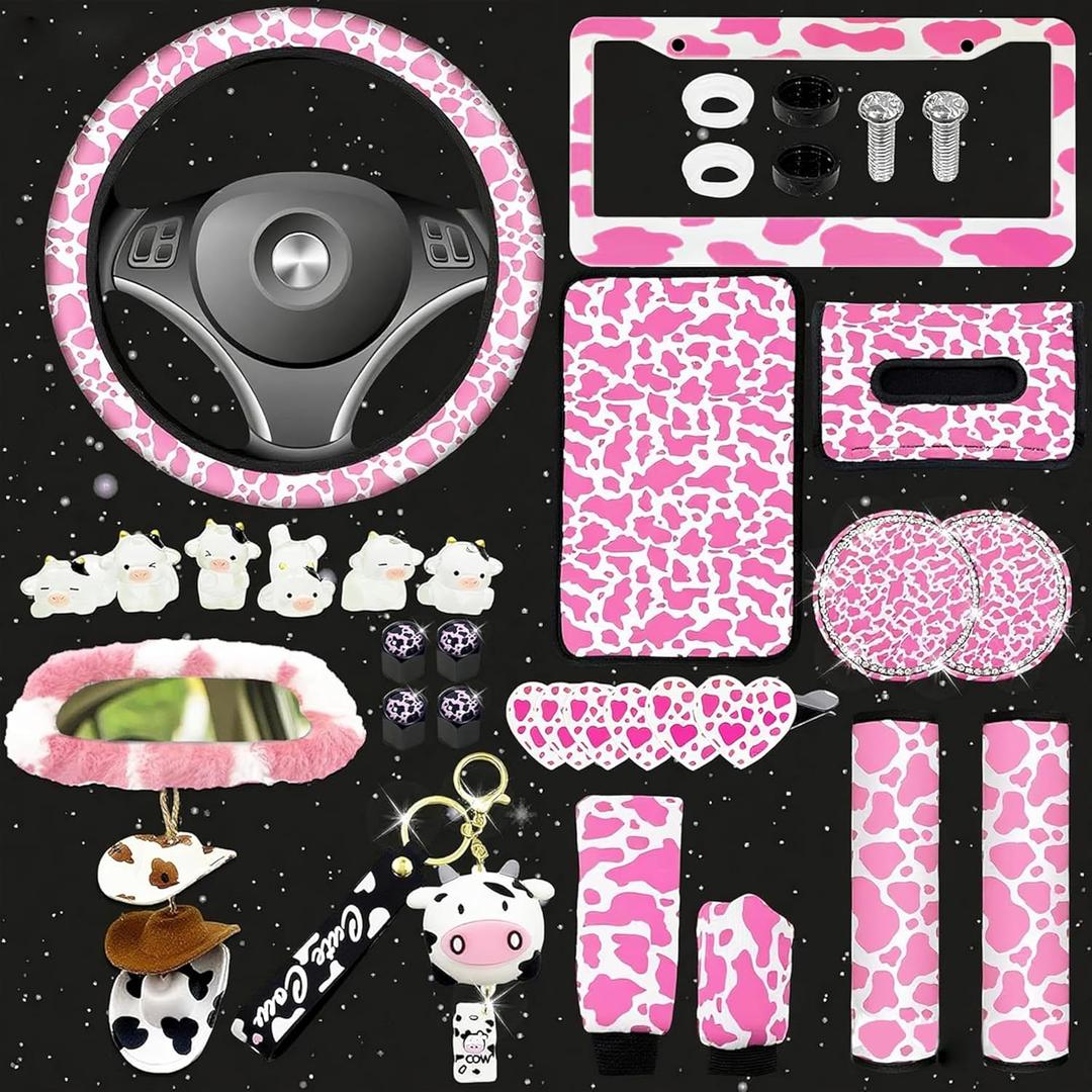 29 PCS Cow Pattern Car Accessories,Including Dashboard Decoration,Rearview Mirror Decoration,Etc,Suitable for Sedans,SUVS and Other Models,Cute Car Interior Sets Suitable for Women (Pink)