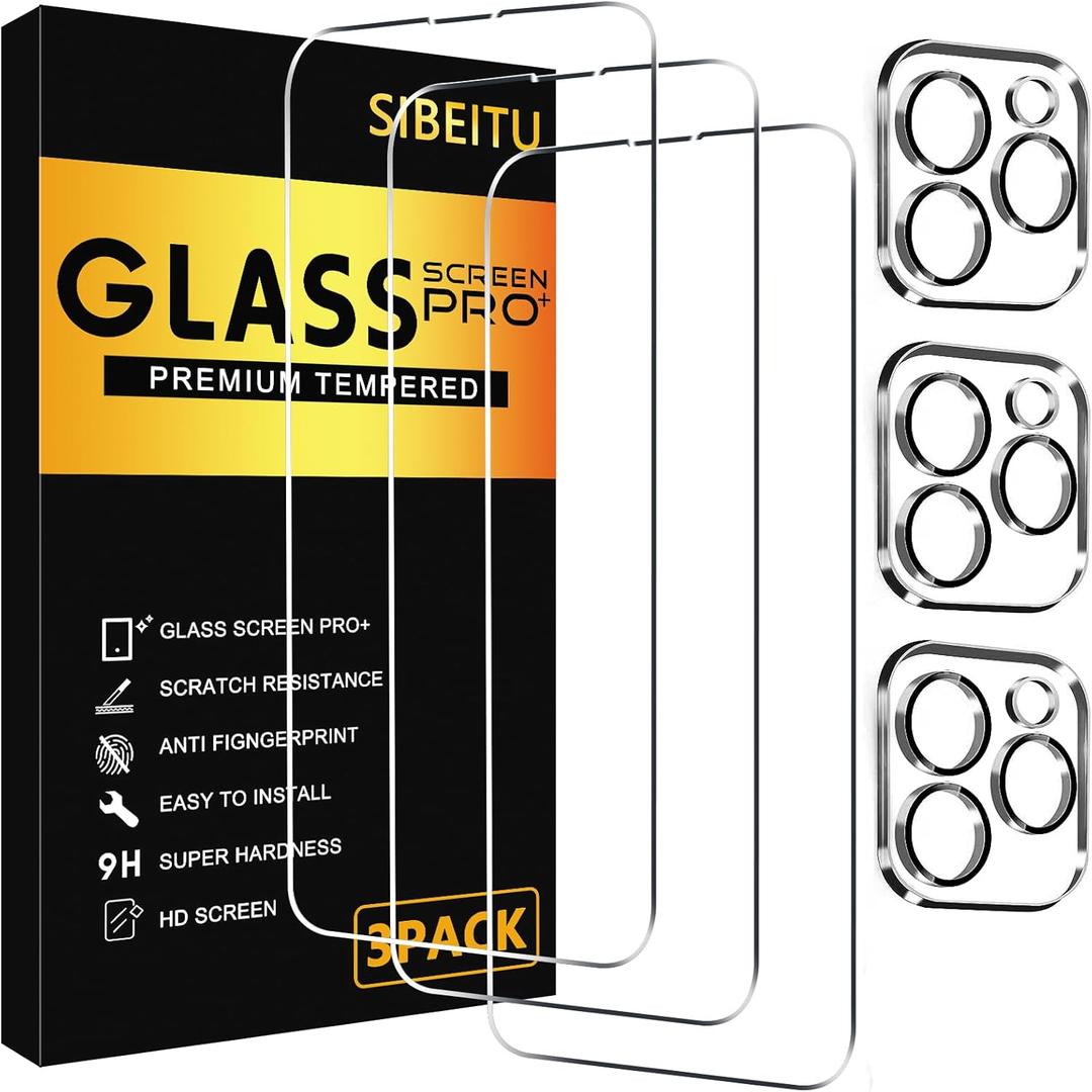 SIBEITU 3 Pack Screen Protector for iPhone 13 Pro Max with 3 Pack Camera Lens Tempered Glass Protector, 6.7 Inch HD Clear Glass Film 9H Hardness Full Coverage, Scratch Resistent, No Air Bubbles