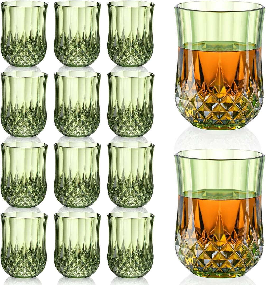 12 PCS 3 oz Mini Vintage Shot Glasses Green Plastic Crystal Tequila Glasses Vodka Glass Set Small Whiskey Glasses Espresso Shot Cups Clear Disposable Liquor Cups for Party Engagement Wedding Birthday