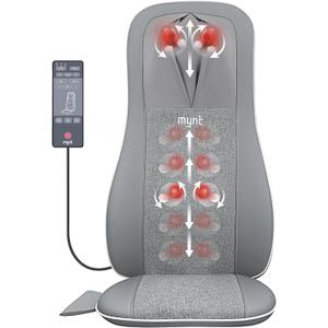 Mynt Shiatsu Neck and Back Massager with Heat, 3D Kneading Full Back Massager for Pain Relief Deep Tissue, Foldable Adjustable Chair Massager for Home Office, Gray