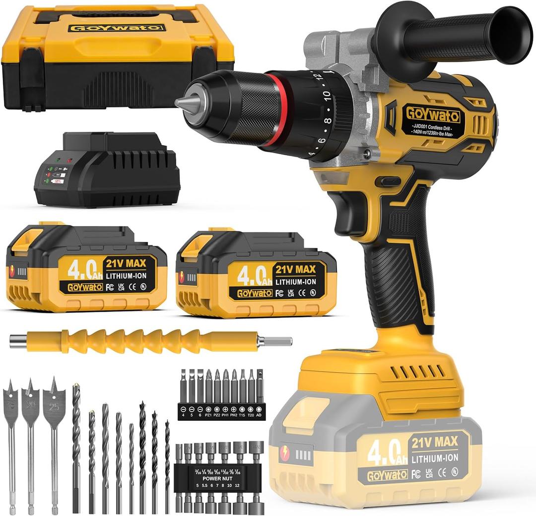1239Inlbs Cordless Hammer Drill - 21V Brushless Electric Power Impact Drill Set w/ 2 x 4.0Ah Battery & 1/2" Self-Locking Metal Chuck & 42PCs Accessory for Drilling Wood Bricks Metal Concrete