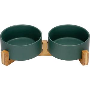 SPUNKYJUNKY Ceramic Dog and Cat Bowl with Wood Stand Non-Slip Matte Glaze Weighted Food Water Set for Cat Medium Dog 28.7 OZ (3.6 CUPS)