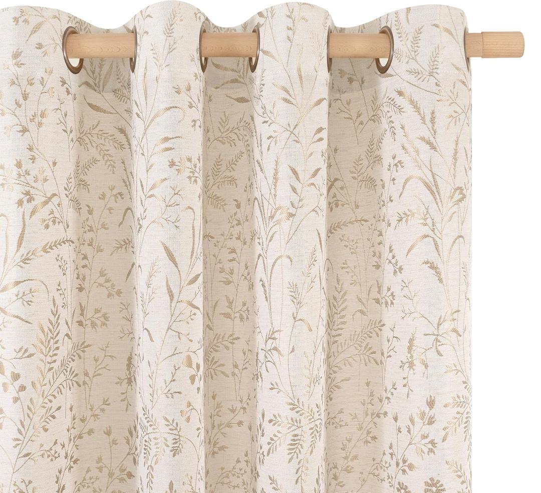 BGment Beige Linen Curtains for Living Room 84 Inch Length - French Country Cottage Core Vintage Botanical Jacquard Light Filtering Grommet Window Curtains for Dining Room 2 Panels, Each 52 Inch Wide