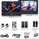 WONNIE 10.5" Two DVD Players Dual Screen for Car Portable CD Player, Play the Same or Two Different Movies with Two Mounting Brackets, 5-Hour Rechargeable Battery, Support USB/SD Card Reader