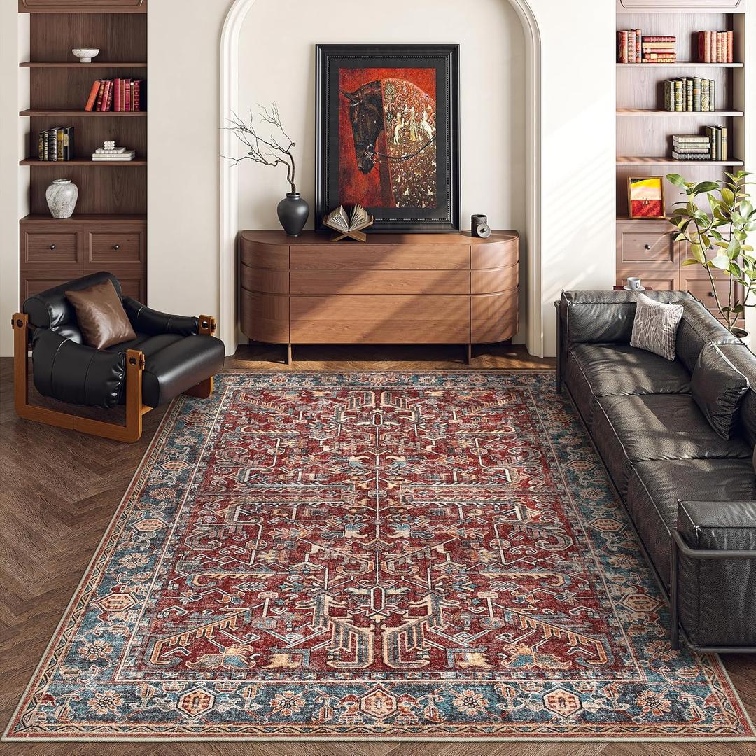 Valenrug Washable Rug 6x9 - Ultra-Thin Antique Collection Area Rug, Stain Resistant Rugs for Living Room Bedroom, Distressed Vintage Rug(Red, 6'x9')