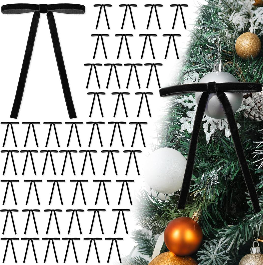 48 PCS Black Velvet Bows for Christmas Tree 5 x 7 Inch Rustic Velvet Staircase Wreath Bows Pre-Tied Ribbon Crafts Gift Bow for Xmas Topper Garland Ornament Home Door Indoor Outdoor Decorations