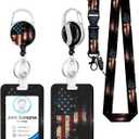 American Flag Design with ID Badger Holder Teacher Lanyard Work Badge with Belt Clip Keychain Necklace Retractable Keychain Heavy Duty Reel Clip Vertical ID Card Protective Case