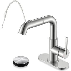 KENES Single Hole Bathroom Faucet with Pull Out Sprayer, Brushed Nickel Single Handle Pull Down Bathroom Faucets, Vanity Faucet with Pop Up Drain & Deck Plate, LJ-9055A