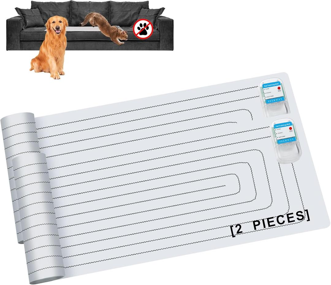 SEERWAY Scat Pet Shock Mat 2 Pieces, Shock Pads for Dogs and Cats Training Indoor, Electric Repellent Mat Keeps Pets Off Couch, Sofa, Countertop, 3 Modes, 2 Pieces Same Size, Battery Operated
