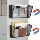 MFTEK Magnetic File Holder, 2 Pockets Magnetic File Folder Holder No Drilling Magnet Paper Mail Organizer Magazine Basket, Hanging Wall Storage Rack for Fridge Cabinets Office Classroom (Black)