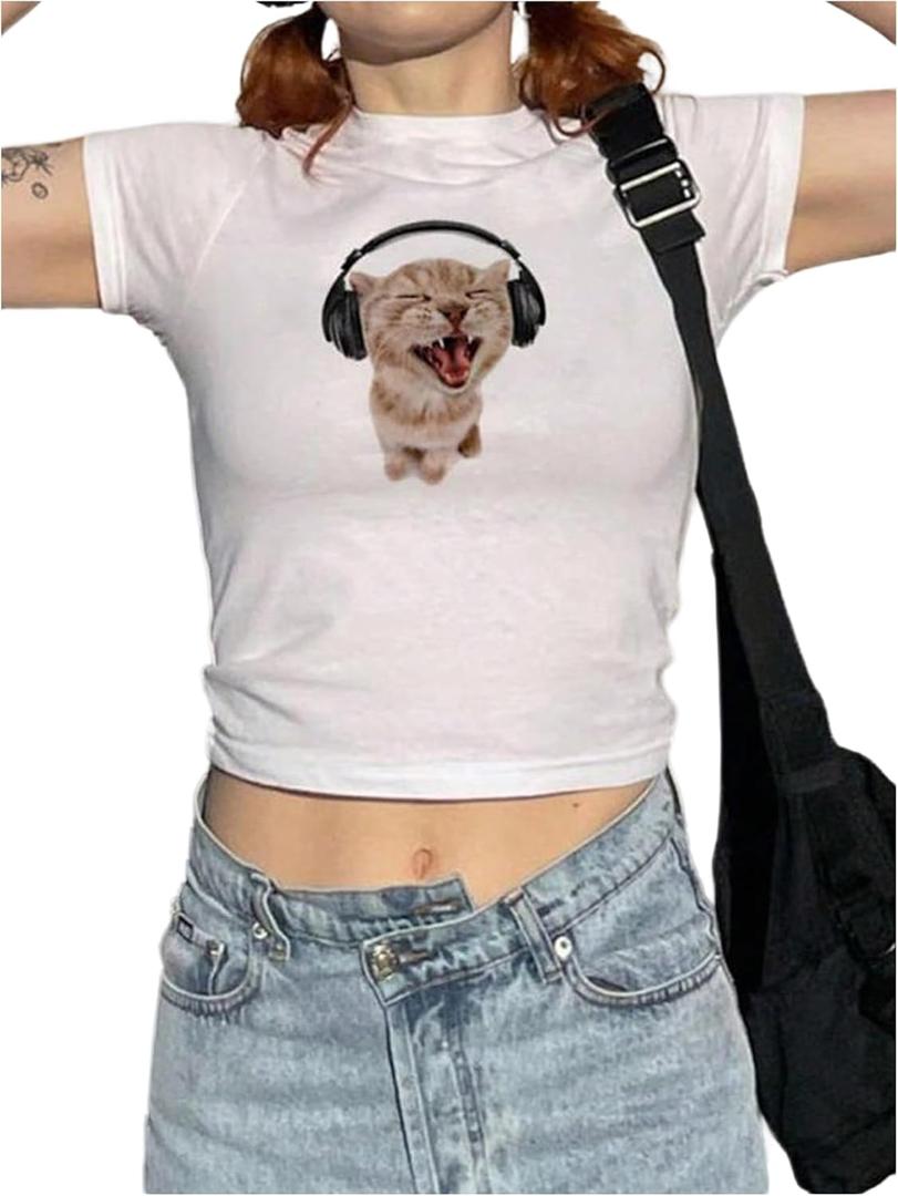 SHENHE Women's Cute Cat Graphic T-Shirt Slim Fitted Round Neck Print Crop Tee Tops (White, M)