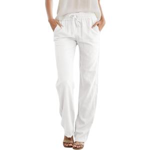 SEMARO Womens Casual Linen High Waist Pants Drawstring Loose Fit Summer Pants Trousers with Side Pockets (White, M)