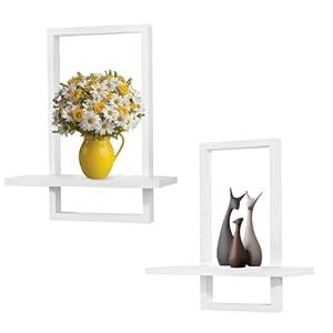 PHOENANCEE Square Wall Shelf, Framed Floating Shelves Set of 2, Decorative Plants Hanging Display Chic for Living Room Bedroom Bathroom Home Office, Solid Wood, L+S, White