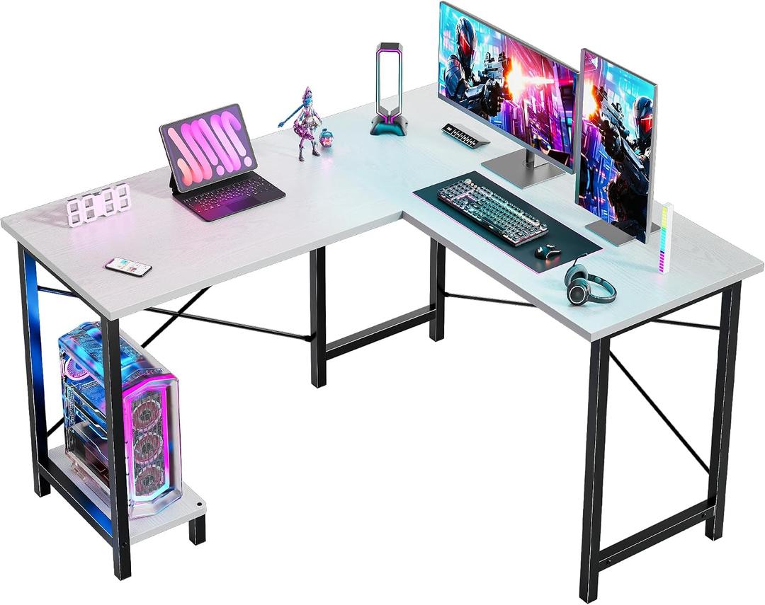 DUMOS L Shaped Desk, Computer Gaming Desks Corner Office Table with CPU Shelf for Home Study Writing Work Station 50 Inch, White